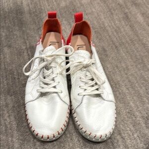 White and Red Women's European Leather Sneakers